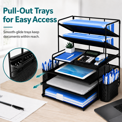 MEHOOM 6-Tier Desk Organizer, Metal File Organizer with Letter Tray Paper Organizer, Desktop Document & Mail Organizer, Office Supplies Organizer with 2 Pen Holders, Office Desk Accessories for Home,