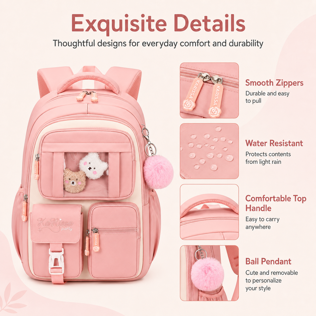 MEHOOM Girls Backpack for School, Kids Bookbag for Girls, Kawaii School Bag with Clear Display Pocket, Large Capacity Elementary Middle School Backpack, Pink