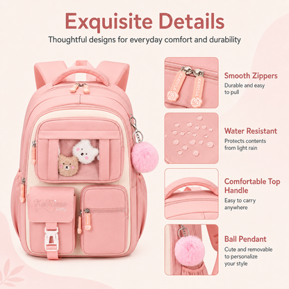 MEHOOM Girls Backpack for School, Kids Bookbag for Girls, Kawaii School Bag with Clear Display Pocket, Large Capacity Elementary Middle School Backpack, Pink