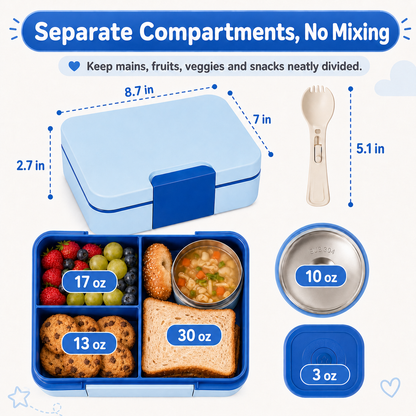 MEHOOM Kids Lunch Box with Thermos Food Jar, Bento Box for Kids with Removable Tray, Adjustable Divider, Soft Fork, Leak-Proof School Lunch Box for Daycare, Picnic, Travel, Blue