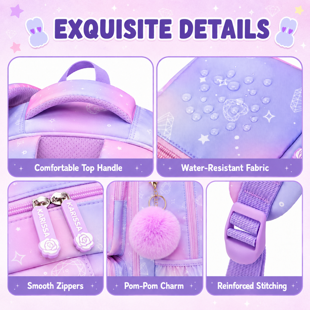 MEHOOM Girls Backpack for School, Kids Bookbag for Girls, Kawaii School Bag with Clear Display Pocket, Large Capacity Elementary Middle School Backpack, Purple Gradient