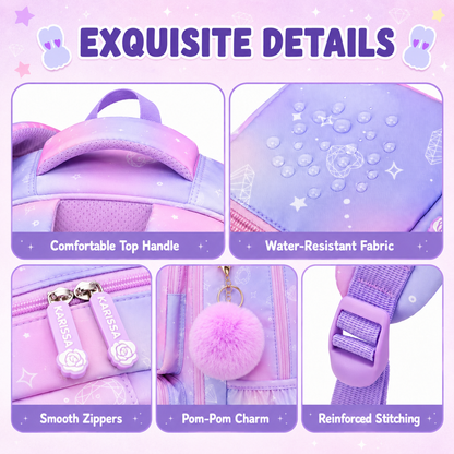 MEHOOM Girls Backpack for School, Kids Bookbag for Girls, Kawaii School Bag with Clear Display Pocket, Large Capacity Elementary Middle School Backpack, Purple Gradient