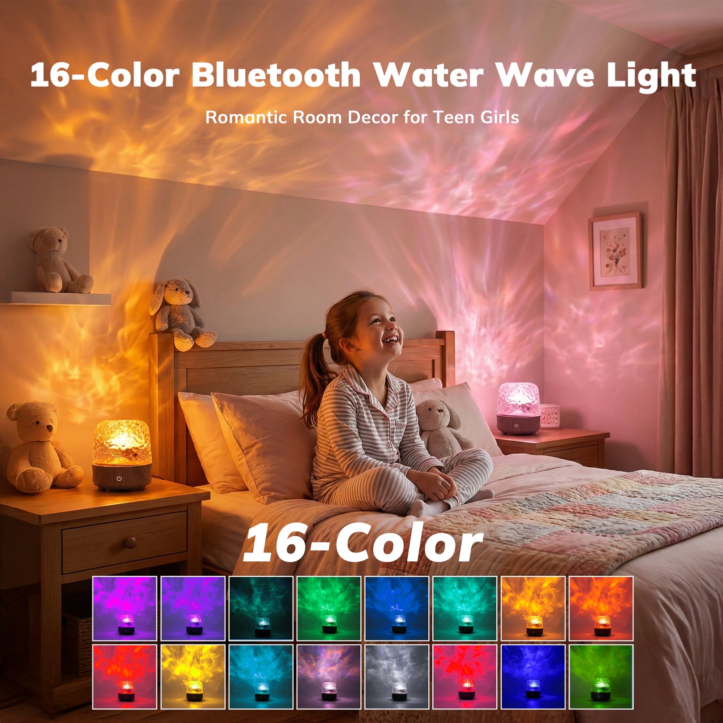 MEHOOM 16 Color Noise Sound Machine & Night Light, 3D Ocean Wave Projector Light for Sleep Adults/Kids, Bluetooth, Timer, Dimmable & Control, Rechargeable LED Lights for Bedroom