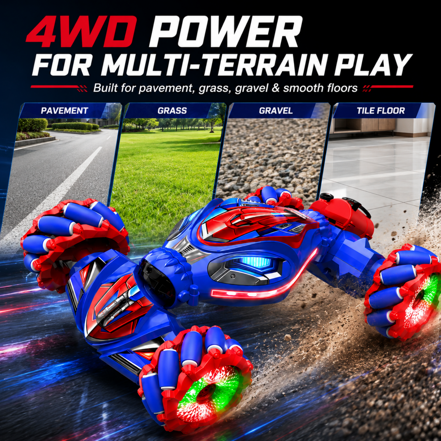 MEHOOM Remote Control Car for Kids Ages 3-12, 2.4GHz RC Stunt Car with Gesture Sensing, 360° Rotating Fast RC Car, LED Lights, Sounds & Mist Spray