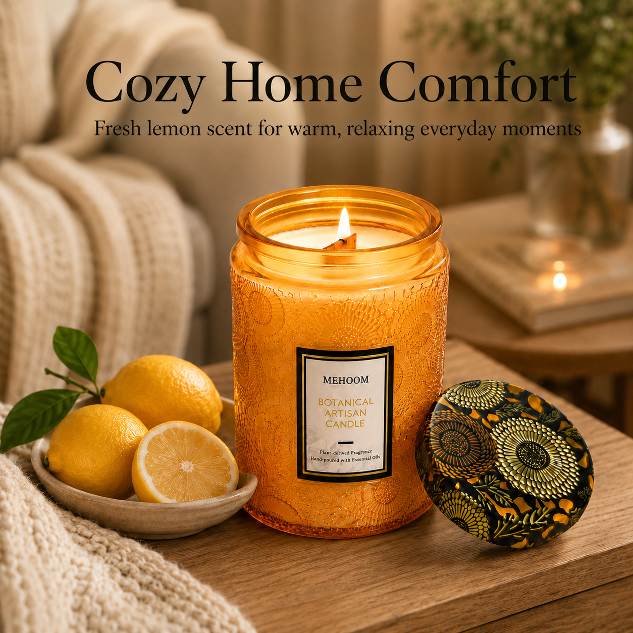 MEHOOM Lemon Wood Wick Scented Candle, 20oz Large Beeswax & Soy Blend, Clean Burning 100-Hour Candle, Cozy Gift for Home Decor