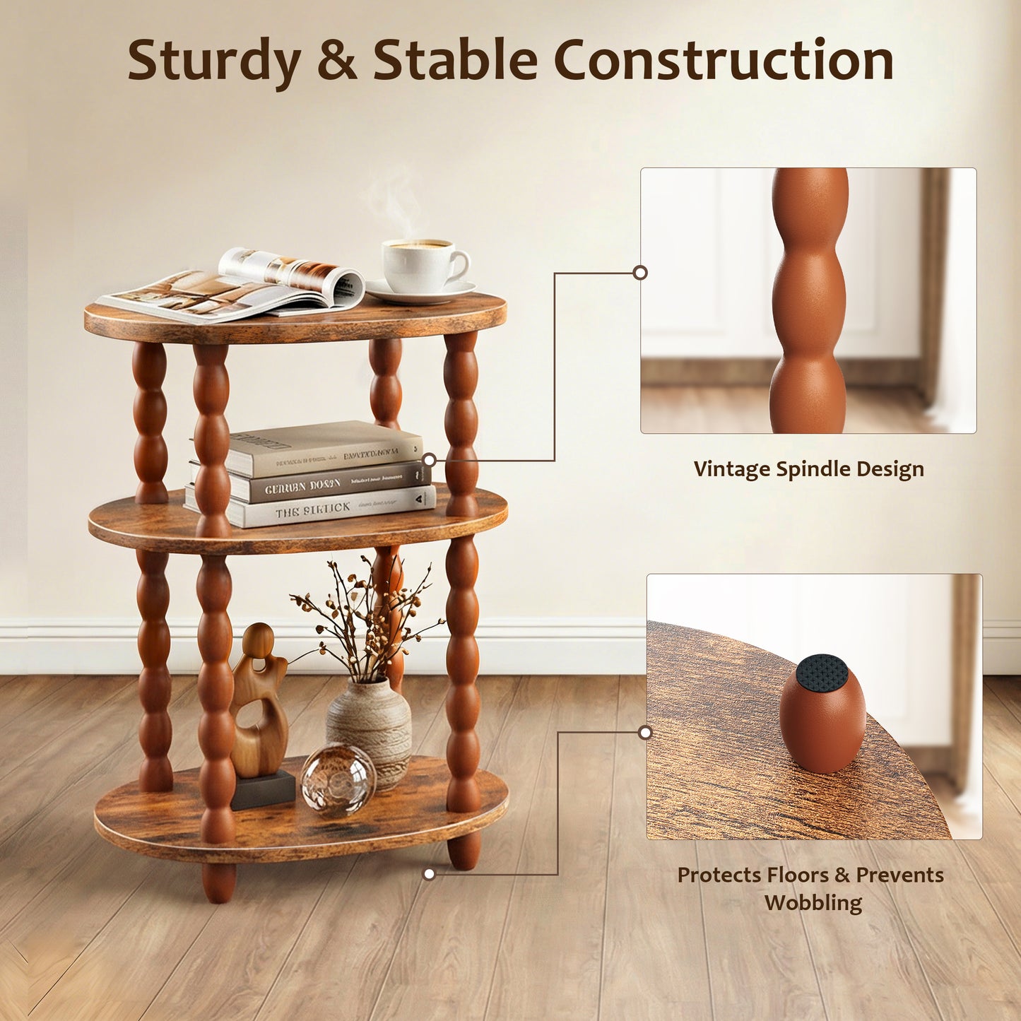 MEHOOM 3-Tier Side Table, Small End Table for Living Room and Bedroom, Vintage Accent Table Nightstand with Storage