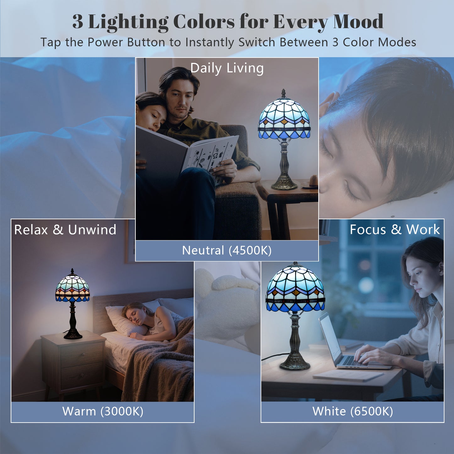 MEHOOM Tiffany Style Table Lamp with Stained Glass Lamp Shade, LED 3 Color,Auto Timer Dimmable,Bedroom, Living Room