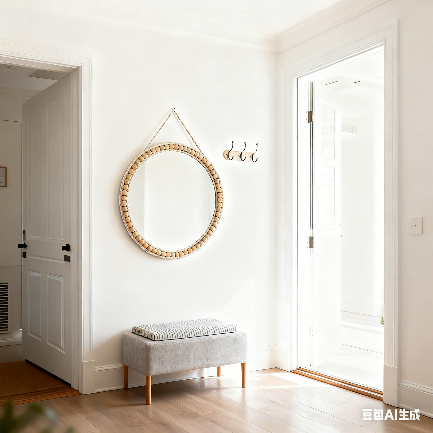 MEHOOM 20" Round Wall Mirror, Boho Hanging Round Mirror, Wall Decor for Bedroom, Bathroom, Living Room, Beige