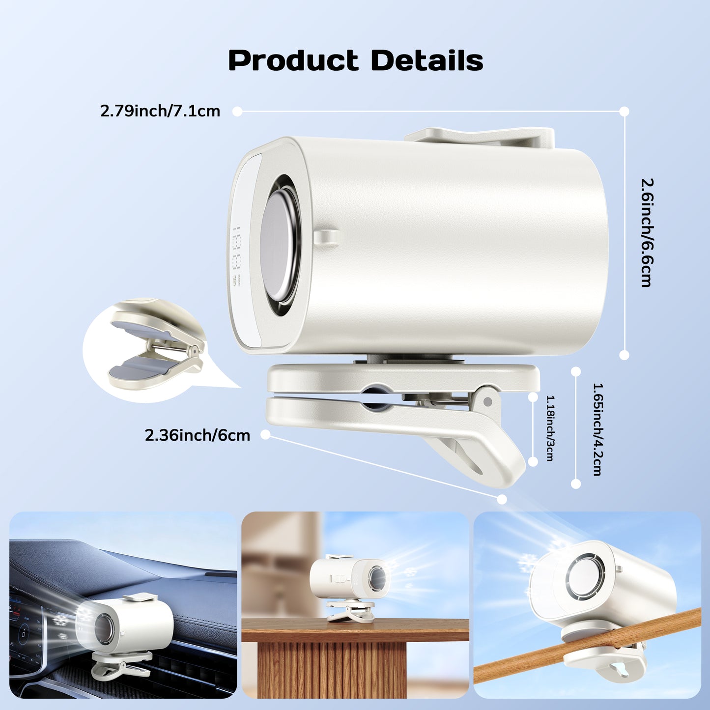 MEHOOM Ice Cooling Clip-On Fan Portable - 360° Rotation, Mini Car Air Conditioner Fan with LED Display, Up to 12H ,USB Rechargeable Personal Fan with 5-Speed, Hands-Free Fan for Cars Work Outdoor Tra
