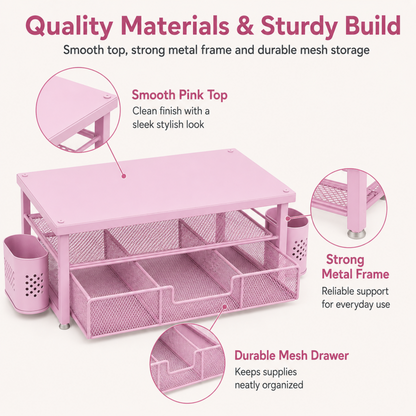 MEHOOM Desk Organizer, 3-Tier Monitor Stand with Storage and 2 Pen Holder, Laptop Stand, Office Desk Accessories for Office Supplies, Pink