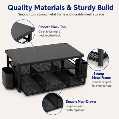 MEHOOM 3-Tier Monitor Stand Riser with Drawer and Pen Holders, Desk Organizer and Accessories college essential for Laptop, Office, and Dorm Desktop Setup, Black