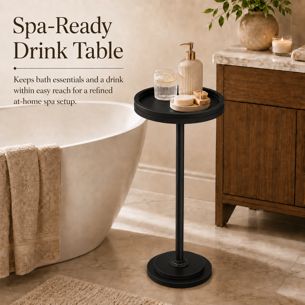 MEHOOM Round Side Table, Black Drink Table for Small Spaces, Modern Accent End Table for Living Room, Bedroom
