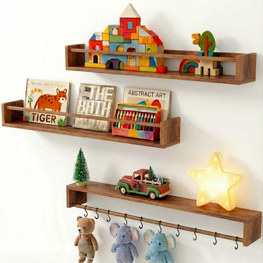 MEHOOM 24" Rustic Solid Book Shelves for Wall Set of 3, Floating Shelves for Bathroom,Kids Room,Bedroom,Living Room,Kitchen,Study Room,Torched Wood Wall Shelves Farmhouse Decor