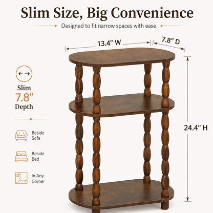 MEHOOM Narrow Side Table, Slim End Table with 3-Tier Storage Shelves, Farmhouse/Modern Nightstand for Small Spaces, Living Room, Bedroom (Rustic Brown)