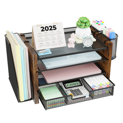 MEHOOM Desk Organizer with File Holder,4-Tier Desk File Organizer with Drawer and 2 Pen Holders, Office Desk Accessories, File Sorters, Workspace Organizers for Office Supplies