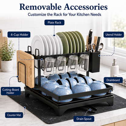 MEHOOM 2-Tier Dish Drying Rack, Dish Rack, Stainless Steel Dish Rack with Auto Drainage System and Absorbent Mat, Dish Drainer for Kitchen Counter