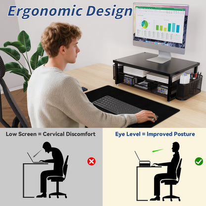 MEHOOM 2-Tier Monitor Stand Riser with Drawer and Pen Holders, Desk Organizer and Accessories for Laptop, Office, and Dorm Desktop Setup, Black