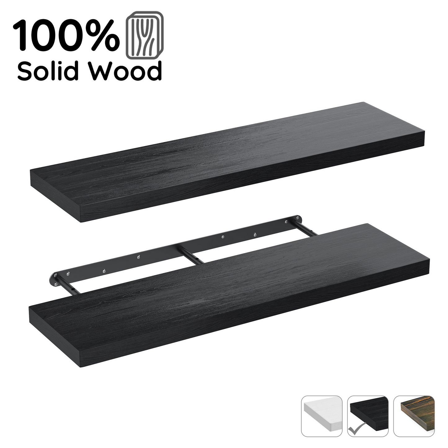 MEHOOM 36 Inch Floating Shelves, Solid Wood Wall Mounted Shelves for Bathroom, Bedroom, Living Room, Kitchen & Office, Heavy Duty Hanging Wall Shelf with 40 lbs Capacity (Black, 2 Pack)