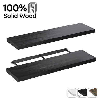 MEHOOM 36 Inch Floating Shelves, Solid Wood Wall Mounted Shelves for Bathroom, Bedroom, Living Room, Kitchen & Office, Heavy Duty Hanging Wall Shelf with 40 lbs Capacity (Black, 2 Pack)