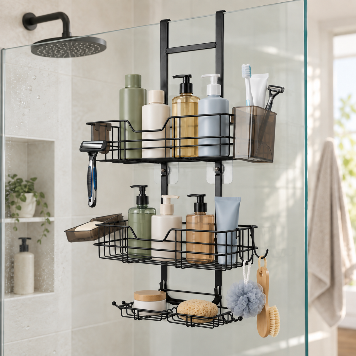 MEHOOM 3-Tier Over the Door Shower Caddy for Glass Door, No-Drill Hanging Shower Organizer with Soap Dish, Razor Holder, Hooks, Black