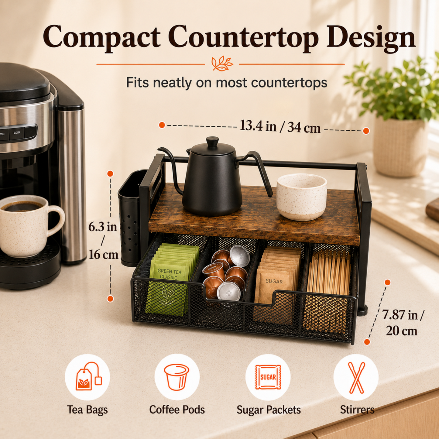 MEHOOM Tea Bag Organizer Kitchen Storage Box, Wood and Metal Tea Holder with Drawer, Countertop Tea Station Chest Display Container, Rustic Brown
