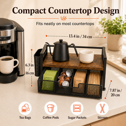 MEHOOM Tea Bag Organizer Kitchen Storage Box, Wood and Metal Tea Holder with Drawer, Countertop Tea Station Chest Display Container, Rustic Brown