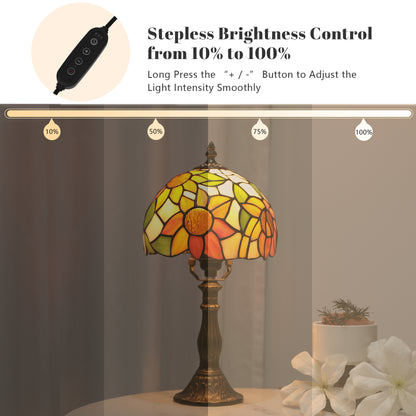 MEHOOM Sunflower Tiffany Style Table Lamp with Stained Glass Lamp Shade, LED 3 Color,Auto Timer Dimmable,Bedroom, Living Room