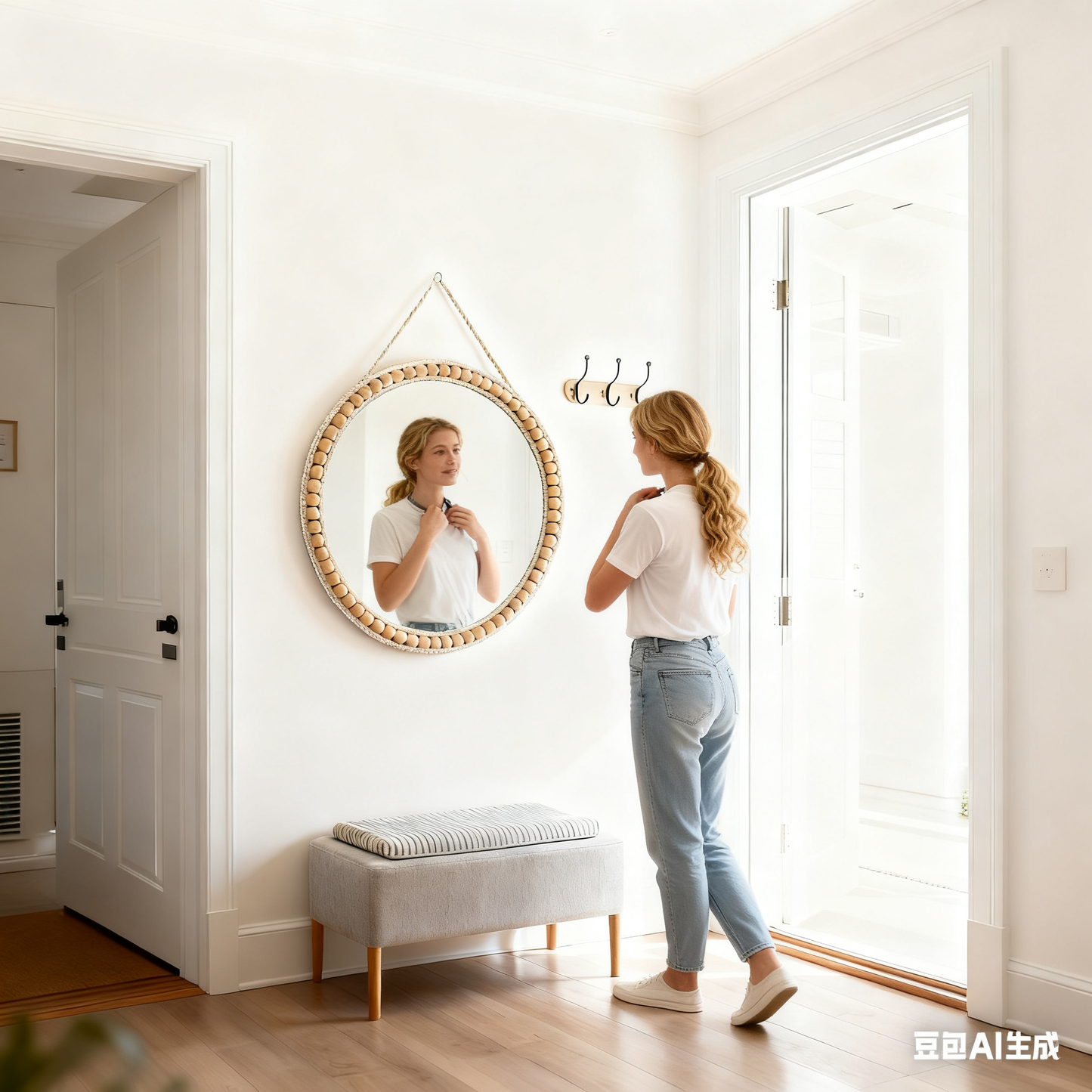 MEHOOM 20" Round Wall Mirror, Boho Hanging Round Mirror, Wall Decor for Bedroom, Bathroom, Living Room, Beige