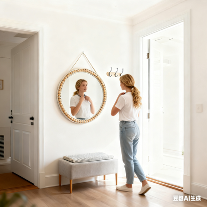 MEHOOM 20" Round Wall Mirror, Boho Hanging Round Mirror, Wall Decor for Bedroom, Bathroom, Living Room, Beige