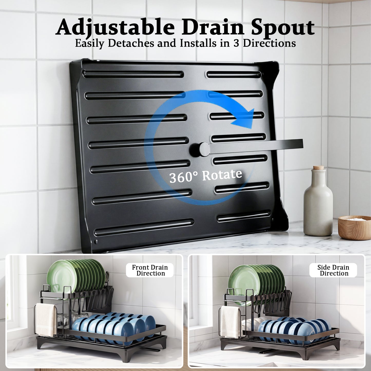 MEHOOM 2-Tier Dish Drying Rack, Dish Rack, Stainless Steel Dish Rack with Auto Drainage System and Absorbent Mat, Dish Drainer for Kitchen Counter
