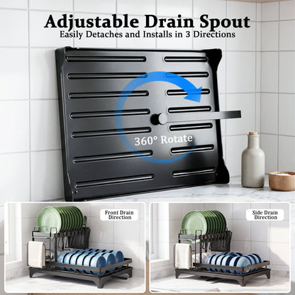 MEHOOM 2-Tier Dish Drying Rack, Dish Rack, Stainless Steel Dish Rack with Auto Drainage System and Absorbent Mat, Dish Drainer for Kitchen Counter