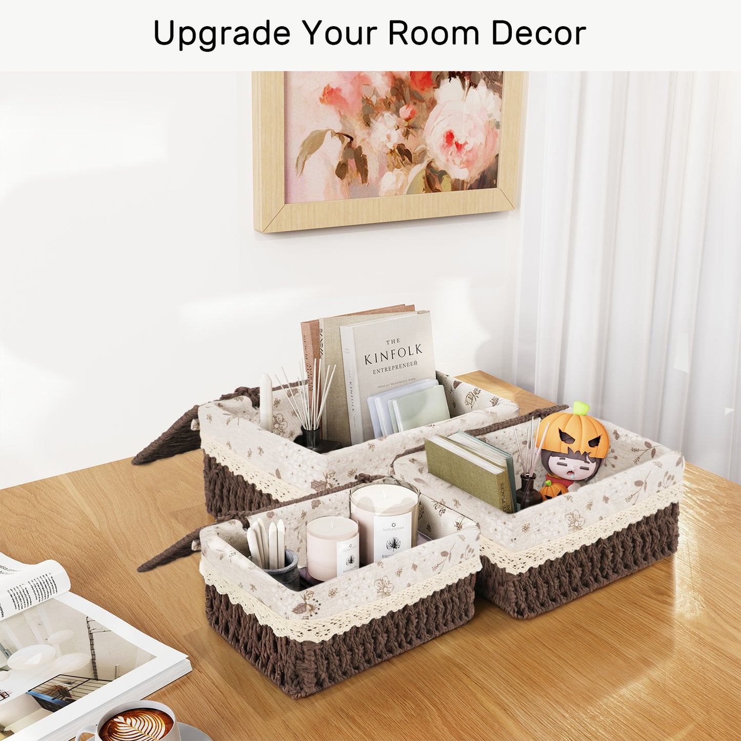 XGVGI Wicker Basket Set of 3 – Woven Storage Baskets for Bedroom, Closet, Table, or Living Room (Dark Brown)