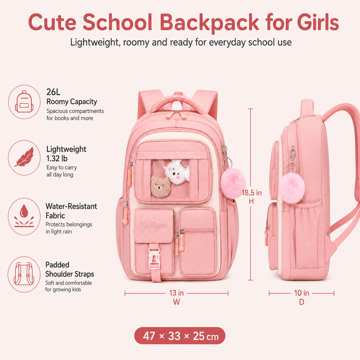 MEHOOM Girls Backpack for School, Kids Bookbag for Girls, Kawaii School Bag with Clear Display Pocket, Large Capacity Elementary Middle School Backpack, Pink