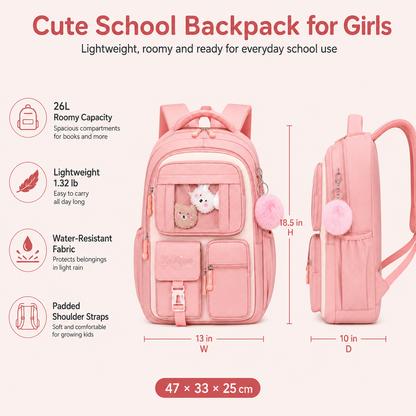MEHOOM Girls Backpack for School, Kids Bookbag for Girls, Kawaii School Bag with Clear Display Pocket, Large Capacity Elementary Middle School Backpack, Pink
