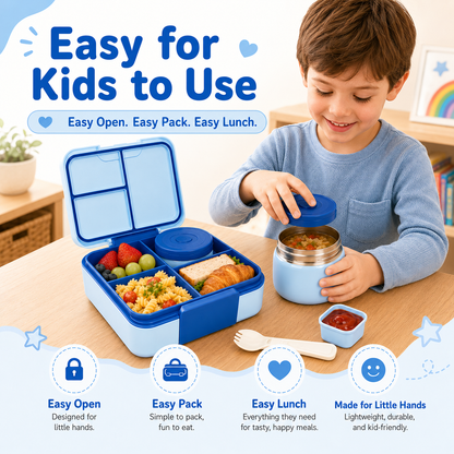 MEHOOM Kids Lunch Box with Thermos Food Jar, Bento Box for Kids with Removable Tray, Adjustable Divider, Soft Fork, Leak-Proof School Lunch Box for Daycare, Picnic, Travel, Blue