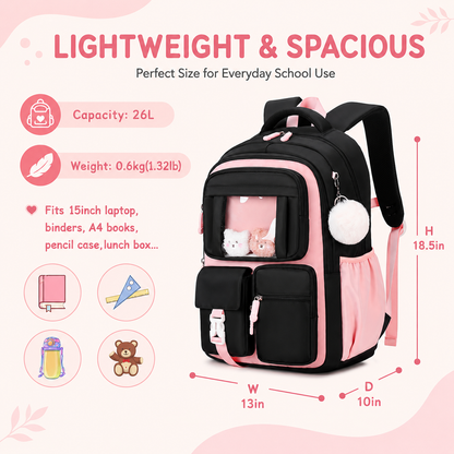 MEHOOM Girls Backpack for School, Kids Bookbag for Girls, Kawaii School Bag with Clear Display Pocket, Large Capacity Elementary Middle School Backpack, Black Pink