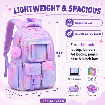 MEHOOM Girls Backpack for School, Kids Bookbag for Girls, Kawaii School Bag with Clear Display Pocket, Large Capacity Elementary Middle School Backpack, Purple Gradient