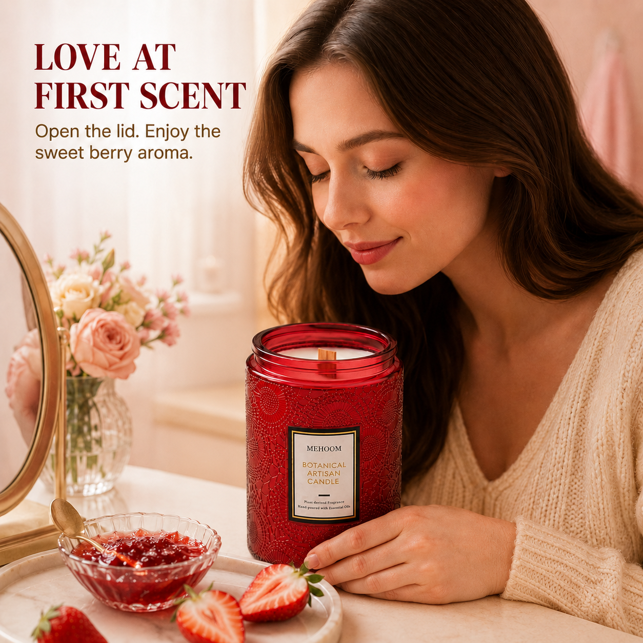 MEHOOM Strawberry Wood Wick Scented Candle, 20oz Large Beeswax & Soy Blend, Clean Burning 100-Hour Candle, Cozy Gift for Home Decor