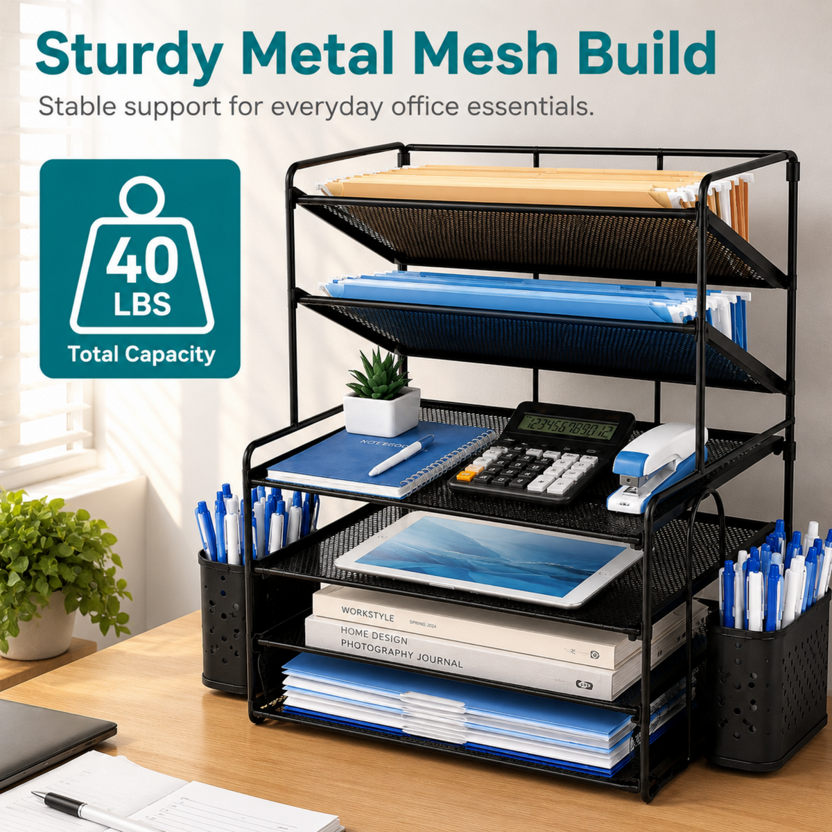 MEHOOM 6-Tier Desk Organizer, Metal File Organizer with Letter Tray Paper Organizer, Desktop Document & Mail Organizer, Office Supplies Organizer with 2 Pen Holders, Office Desk Accessories for Home,