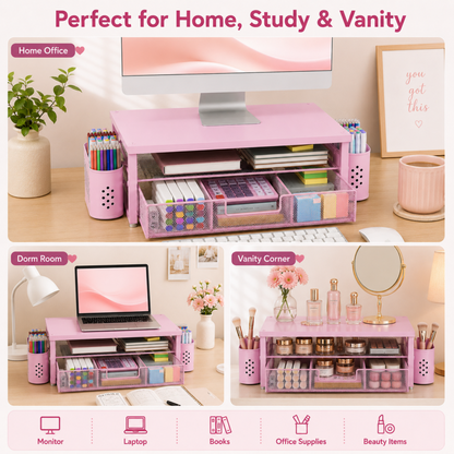 MEHOOM Desk Organizer, 3-Tier Monitor Stand with Storage and 2 Pen Holder, Laptop Stand, Office Desk Accessories for Office Supplies, Pink