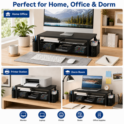 MEHOOM 3-Tier Monitor Stand Riser with Drawer and Pen Holders, Desk Organizer and Accessories college essential for Laptop, Office, and Dorm Desktop Setup, Black