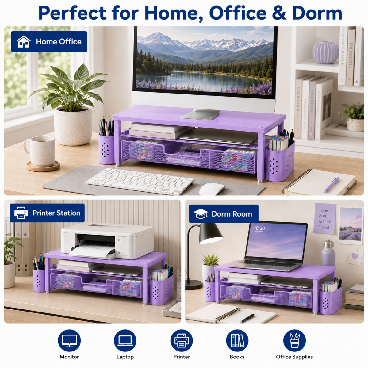 MEHOOM Desk Organizer, 2-Tier Monitor Stand with Storage and 2 Pen Holder, Laptop Stand, Office Desk Accessories for Office Supplies, Purple