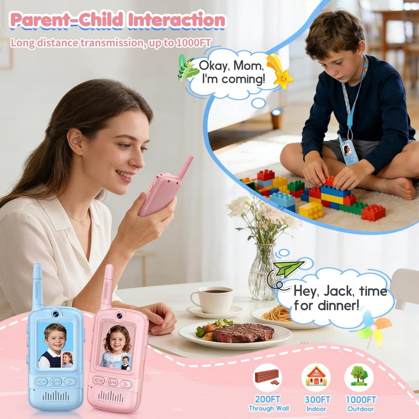 Multifunctional Video Walkie Talkies for Kids, Rechargeable Walkie Talkies with Camera & Message Storage, Long-Range Two-Way Radios for Indoor Outdoor Play, Boys & Girls Ages 3–12(Blue/Pink)