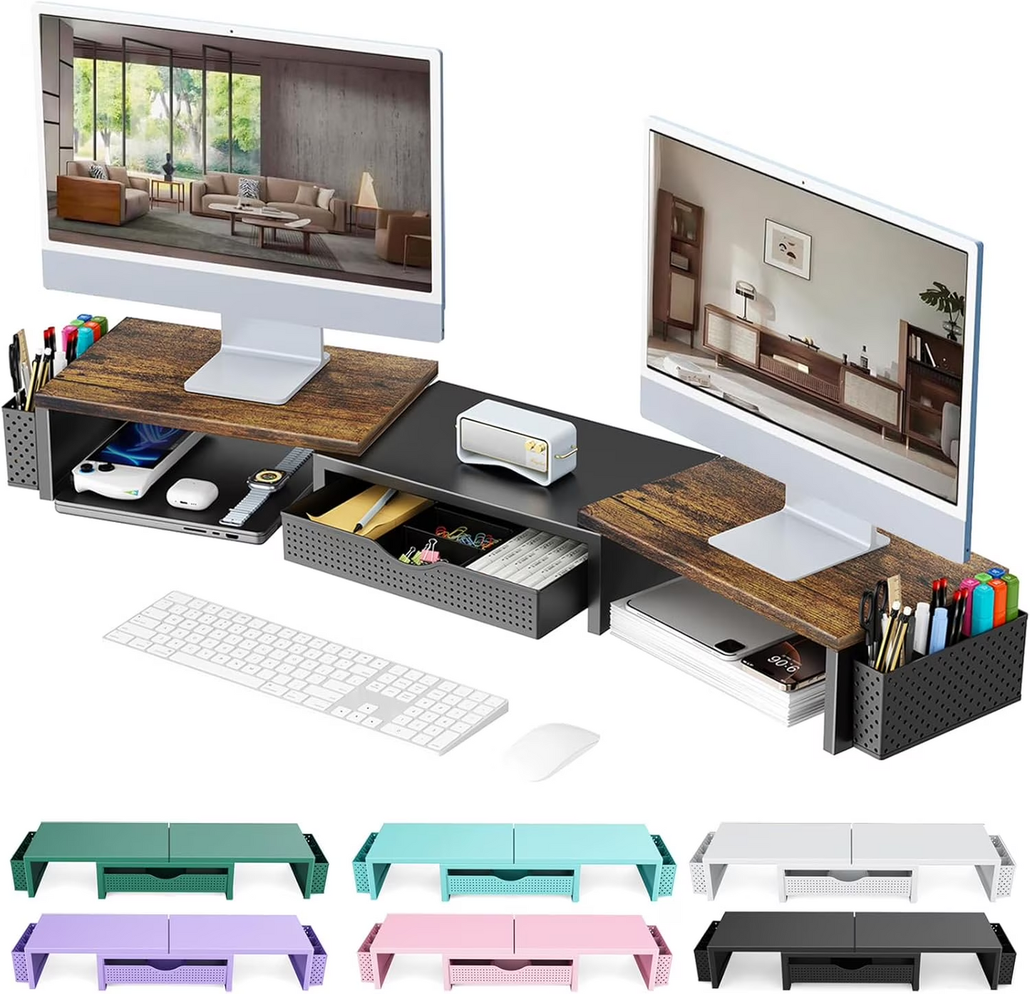MEHOOM Dual Monitor Stand Riser, Desk Organizer With Drawer and 2 Pen Holders,Computer Monitor Stand, Desk Shelf for Top of Desk, Wood