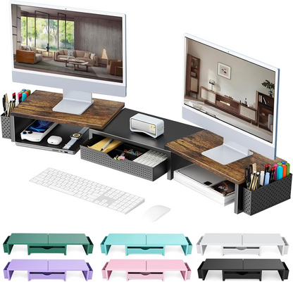 MEHOOM Dual Monitor Stand Riser, Desk Organizer With Drawer and 2 Pen Holders,Computer Monitor Stand, Desk Shelf for Top of Desk, Wood