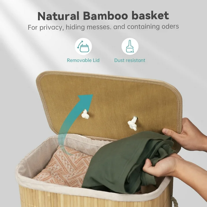 MEHOOM Bamboo Laundry Hamper with Lid, 80L Foldable Laundry Basket with Handles and Removable Liner Bag for Bedroom and Laundry Room