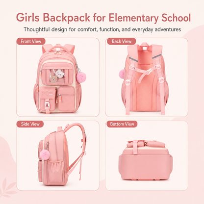 MEHOOM Girls Backpack for School, Kids Bookbag for Girls, Kawaii School Bag with Clear Display Pocket, Large Capacity Elementary Middle School Backpack, Pink