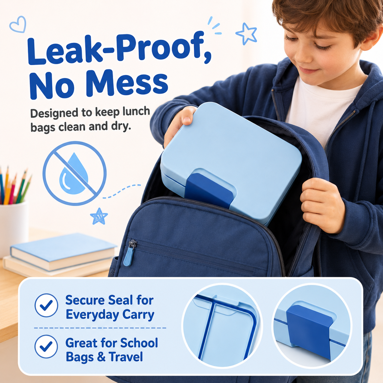 MEHOOM Kids Lunch Box with Thermos Food Jar, Bento Box for Kids with Removable Tray, Adjustable Divider, Soft Fork, Leak-Proof School Lunch Box for Daycare, Picnic, Travel, Blue