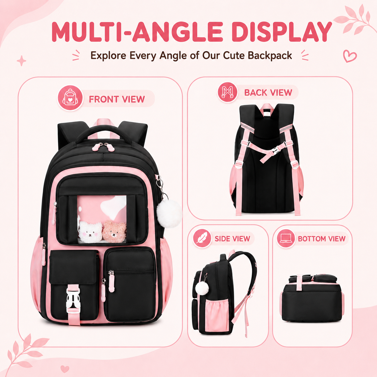 MEHOOM Girls Backpack for School, Kids Bookbag for Girls, Kawaii School Bag with Clear Display Pocket, Large Capacity Elementary Middle School Backpack, Black Pink