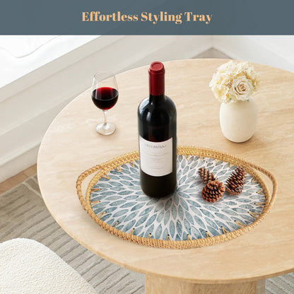 MEHOOM 14"&15" Farmhouse Decorative Tray, Rattan Serving Tray with Handles, Boho Decor for Coffee Table Kitchen Counter Dining Table Centerpiece